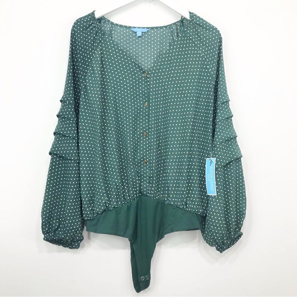 Draper James Green White Polka Dot Print V Neck 3/4 Sleeve Bodysuit NEW
